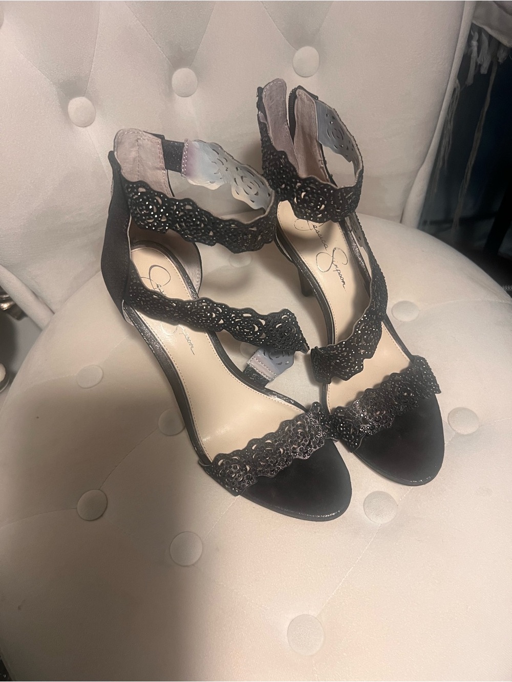Jessica Simpson Black Scalloped Crystal Strap Heels
